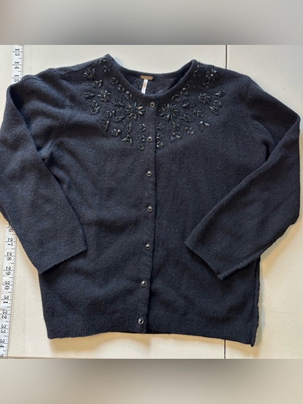 Free People Black Floral Cardigan Size Small Wool Floral Beaded Dark Romantic